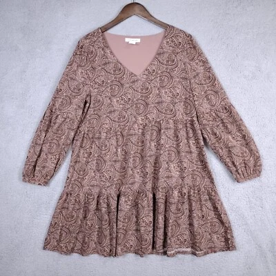 Lucky Brand Dress Women's Large Mauve Paisley Tiered V-Neck Puff Sleeve Prairie - Image 1 of 4