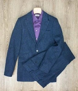 Harris tweed ASOS matrimonio slim blu navy tuta a spina di pesce giacca di lana UK/US 32/W 26 - Foto 1 di 24