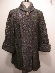 Women's PLUS 1X XL Vtg 1940's Wool Tweed Swing Coat Bakelite Button Black Gray - Picture 1 of 15