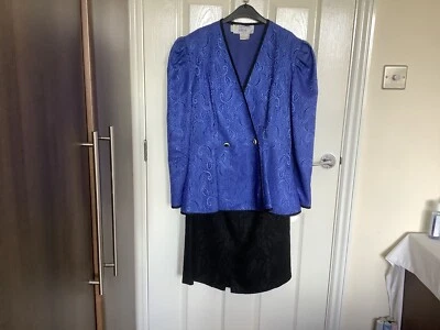 Simon Ellis Vintage 2 Piece Brocade Type Suit Blue Top & Black Skirt Size 14 — 第 1/4 张图片