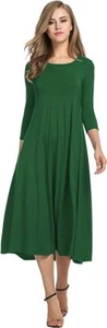 NWT Women's 3/4 Sleeve A-line and Flare Midi Long Dress Green Size Large - Picture 1 of 3