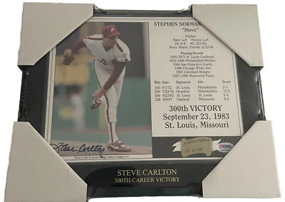 Signed Steve Carlton 300 Career Wins Print Mounted On Plaque PSA - Image 1 of 4