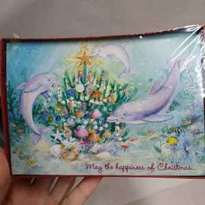 New 18 Pack Three Dolphins Tropical Red Farm Studios Christmas Card - Picture 1 of 4