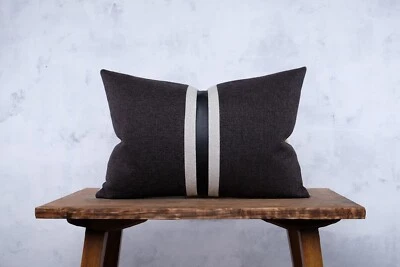 HANDMADE Leather Lumbar Pillow Cover Charcoal Textured Black Stripe Modern - Image 1 of 3