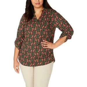 NY Collection Black Floral Blouse Red Print Plus Size 3X V-Neck Work Office NEW - Picture 1 of 10