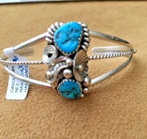 Bracciale in argento sterling .925 ~ 1" di larghezza ~ turchese ~ di Carolyn Nez Navajo - Foto 1 di 12