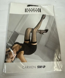 WOLFORD Black Carmen Stay Up Stockings Size M Medium - Picture 1 of 6