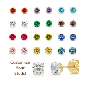 10K Solid Yellow Gold Solitaire Birthstone CZ Sleeper Stud Earrings Pushback 5mm - Picture 1 of 34