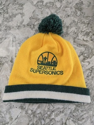 Vintage SEATTLE SUPERSONICS Mitchell & Ness Pom Pom Beanie Hat Green Yellow Mens - Image 1 of 4