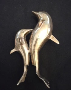 Vtg Solid Brass Dolphin Mother & Baby 7"x5" MCM - Picture 1 of 14