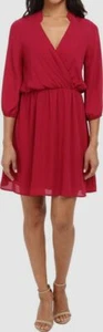 $384 Brigitte Bailey Women's Red 3/4-Sleeve V-Neck Ruffle Shift Dress Size L - Picture 1 of 2