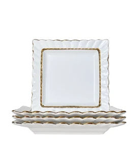 Square Salad  Side Plates Elegant Porcelain Ruffled Edge with Gold Trim Set/4 - Picture 1 of 1