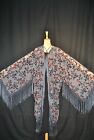 Classic Art To Gray Flower Eastern Burnout Velvet Fringe Jacket Duster Kimono Xl