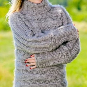 Grey mohair sweater pullover fuzzy ribbed gray turtleneck jumper SuperTanya L-XL - Picture 1 of 8