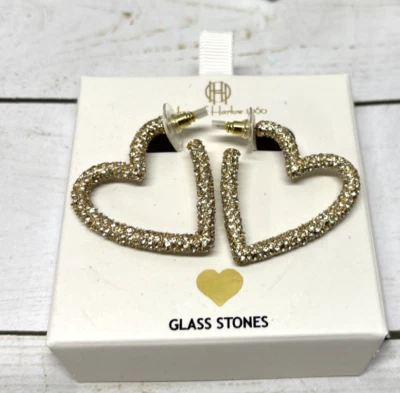 Nuevos Pendientes House Of Harlow 1960 Tono Dorado Aro Corazón Vidrio Piedra Estrás Foto 1 de 4