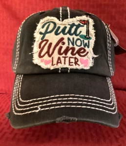 Women's Cap - Frayed Patch PUTT Now WINE Later - Dark Gray-Blue/White Stitching - Picture 1 of 4