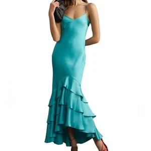 Neu mit Etikett ML Monique Lhuillier Lenora Größe 4 blau türkis Satin Rüschen High-Low Maxikleid - Bild 1 von 13