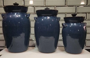Vintage Set Of 3 Jugtown Ware Lidded Storage Jars Handmade From NC 1980 - Picture 1 of 17