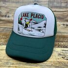 Vintage Lake Placid New York Mens Trucker Hat Green Snapback Skiing Baseball Cap