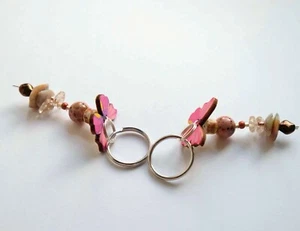 Handmade Beaded Wooden Butterfly Keychain Pink Polished Stone Copper Beads Glass - Picture 1 of 15