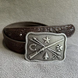 Tony Lama Kid’s Cowboys & Indians Belt Dark Brown Tooled Leather & Buckle 28 - Picture 1 of 11