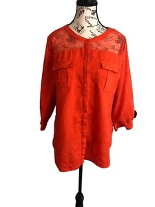 Madison Large Coral Button Up Linen Blouse Pockets Sheer At The Top - Picture 1 of 5