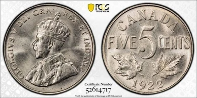 1922 Canada 5 Cents PCGS MS64 Lot#G730 Choice UNC! - Image 1 of 4