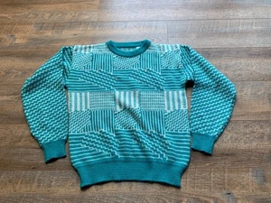 Vintage Herren Gr. Small abstrakter Pullover türkis/creme Acryl - Bild 1 von 8