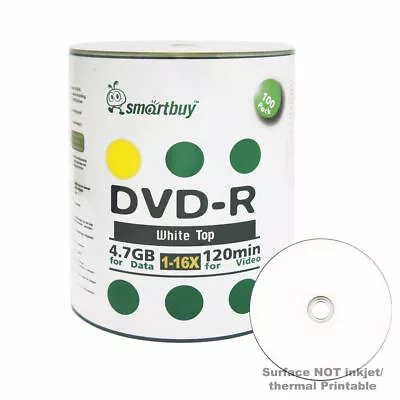100 Smartbuy 16X DVD-R 4.7GB White Top Non Printable Blank Recording Disc - Image 1 of 3