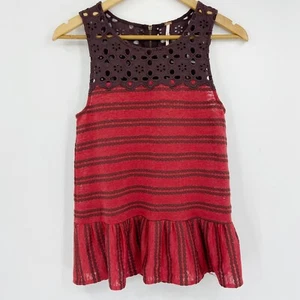 Occhiello canotta Free People retrò Molly Peplum pizzo rosso marrone a righe taglia XS - Foto 1 di 7