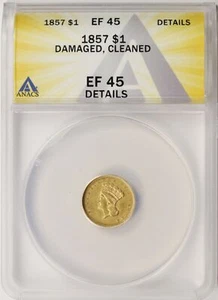 1857 G$1 Type 3 Gold Dollar ANACS EF45 Details Damaged & Cleaned - Picture 1 of 4