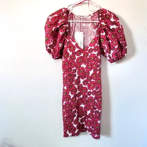 Zara Bodycon Dress Womens S Pink Floral Short Puff Sleeve Smocked V Neck New - Picture 1 of 12