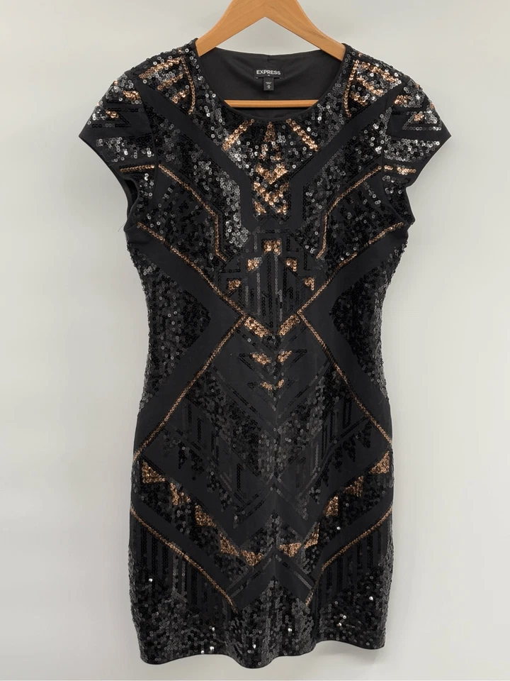 Express亮片连衣裙短袖女式中号黑色 Swiftie 正式派对 — 第 1/4 张图片