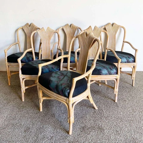 Boho Chic Bamboo Rattan and Reed Dining Chairs - Set of 6 Cover