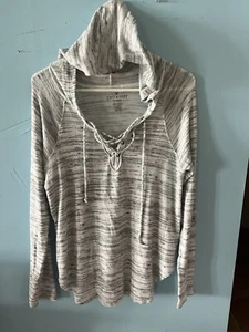 AMERICAN EAGLE Lace Up V-Neck Long Sleeve Gray Hooded Shirt Women's Size M - Picture 1 of 9