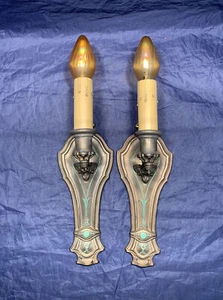 Early Brass Sconces Fixtures Wired Pair Nice Patina Green Details 41E - Picture 1 of 4