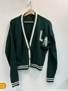 Pink Vanilla Women’s Varsity Cardigan Size M Green LA Patch Cropped Preppy Y2K - Picture 1 of 9