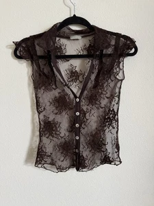 Vintage Y2K schokobraun Spitze transparent Flügelärmel Top XS - Bild 1 von 4