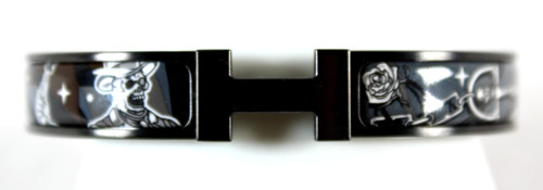 HERMÈS Bracciale HERMES SO BLACK metallo e stampa C'EST LA FETE smalto stretto CLIC HH T5 XL