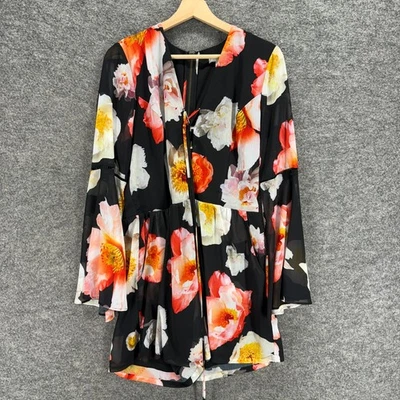 GB Jumpsuit Women L Large Black Floral V-Neck Long Sleeve Zipper Lined Casual - Image 1 of 4