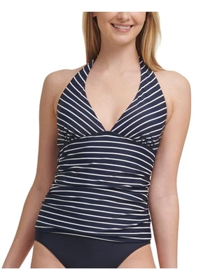 TOMMY HILFIGER Women's Navy Tie Pleated Halter Tankini Top XS - Image 1 of 3