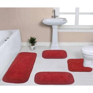 HOME WEAVERS Bath Rugs Set 100% Cotton 4-Pcs Set W/Runner Red Machine Washable