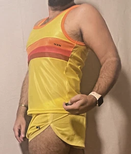 N2N Bodywear ES24 Malibu Sunset Sheer Yellow Size XL Men's Retro Tank Top NWT - Picture 1 of 16