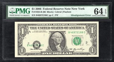 2006 $1 FRN FEDERAL RESERVE NOTE “MISALIGNMENT ERROR” PMG UNCIRCULATED-64EPQ - Image 1 of 2