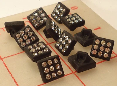 10 Vintage Small Black Glass Square Shank Rhinestone Button Czech 3/8" 10mm #461 - Image 1 of 4