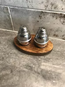 Silver Salt And Pepper Shakers Stainless Steel Wood Base Farmhouse Western - Picture 1 of 6