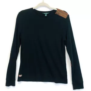 Lauren Ralph Lauren Womens Black Long Sleeve Jersey Top Sz-Lg Suede Elbow Patch - Picture 1 of 10