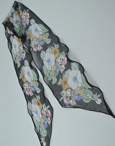 Vera Neumann Daisy Flower Bouquet Sheer 7 x 68in Scarf Black Floral  Flower Vtg - Picture 1 of 7