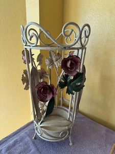 Schmiedeeisen Metall weiß französisch provenzalisch 18" Schirmständer mit Reben rosa Rosen - Bild 1 von 7
