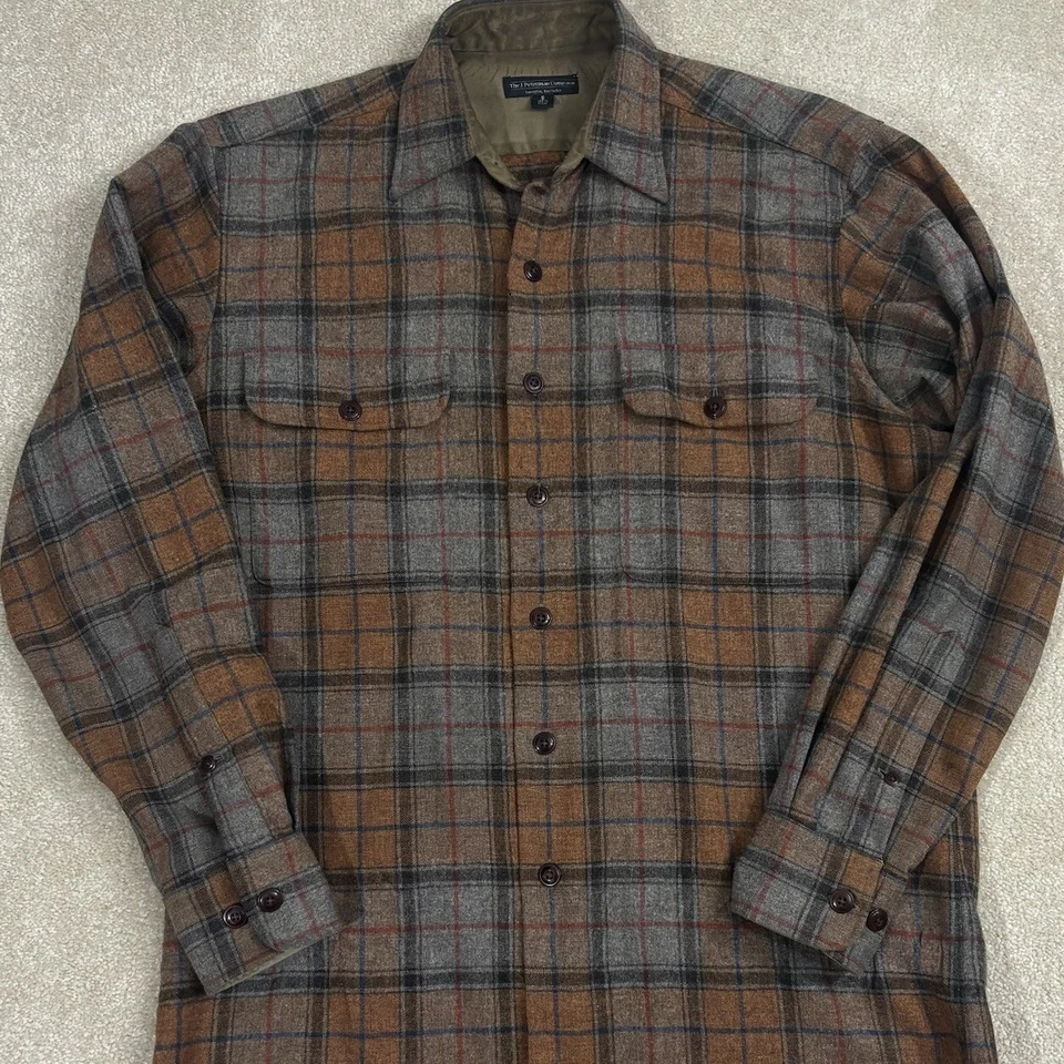 Camisa de Lana J Peterman Para Hombres Pequeña Marrón A Cuadros Abotonada Cuello de Franela Naranja De Colección Foto 1 de 4